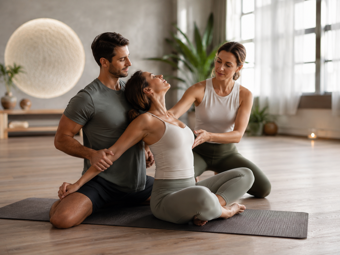 Instructor guiding a couple through a partner yoga pose in a calm studio