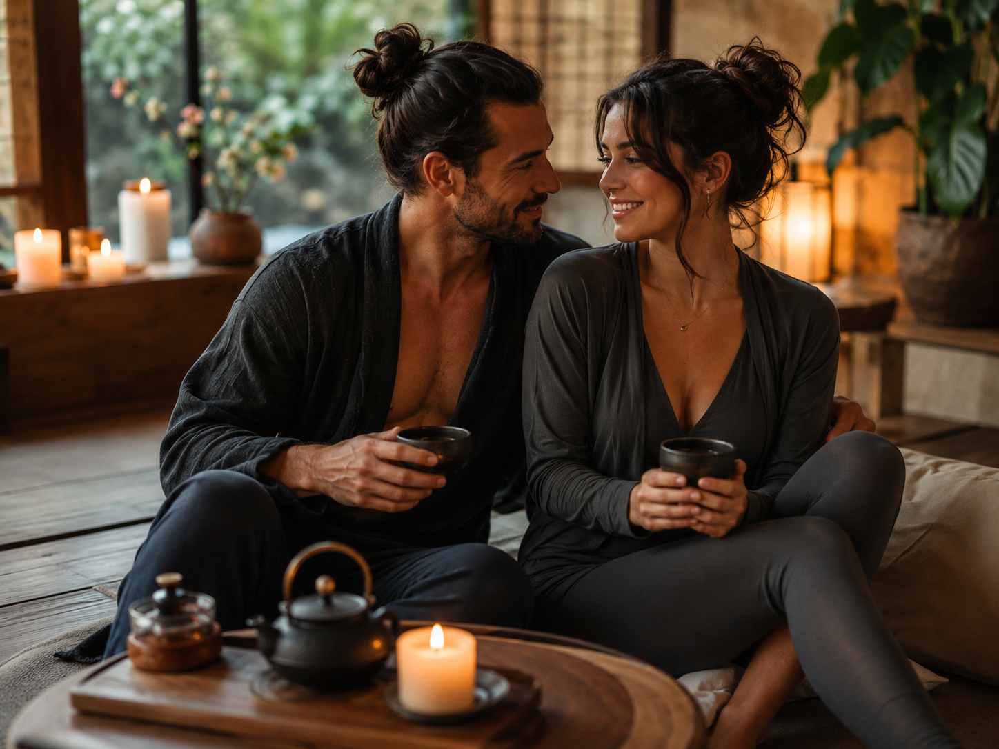 Couple relaxing together after a couples yoga experience with tea and candles